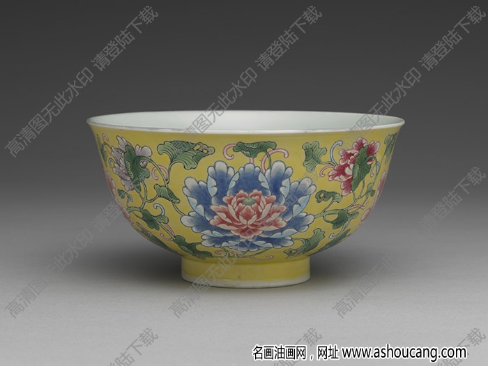 清康熙 瓷胎畫琺瑯黃地牡丹碗 高清大圖下載