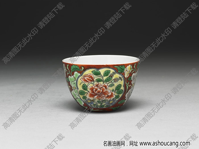 清雍正 瓷胎畫(huà)琺瑯紅地花卉杯 高清大圖下載