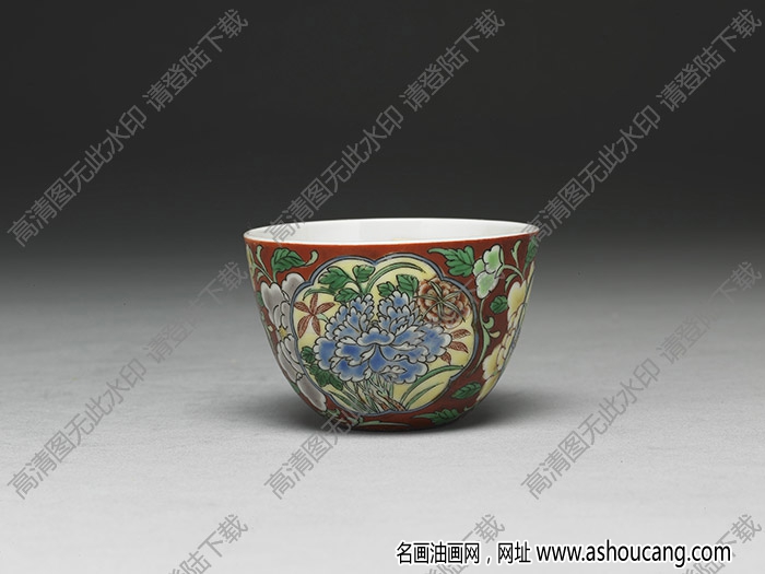 清雍正 瓷胎畫(huà)琺瑯紅地花卉杯 高清大圖下載