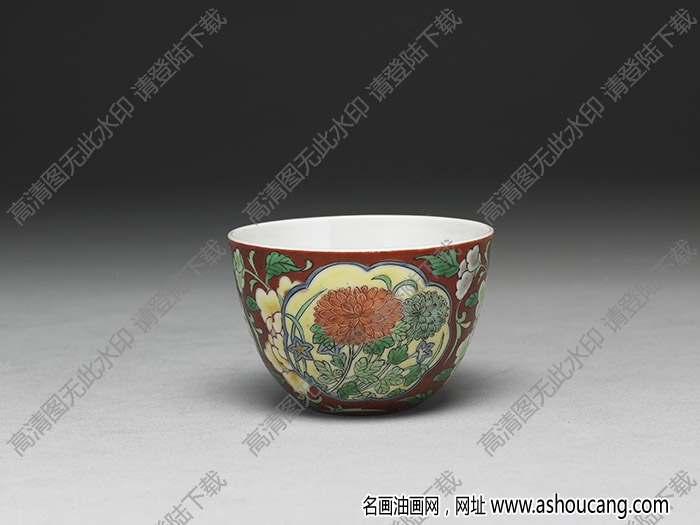 清雍正 瓷胎畫(huà)琺瑯紅地花卉杯 高清大圖下載