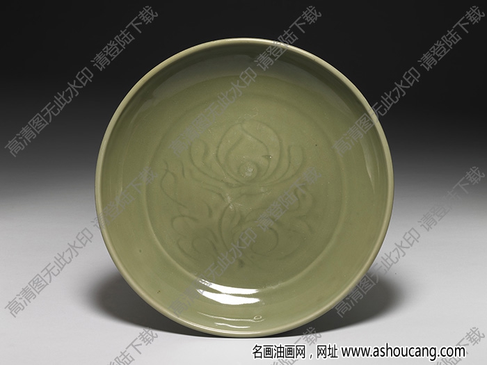 明 龍泉窯青瓷劃花蓮荷大盤 高清大圖下載