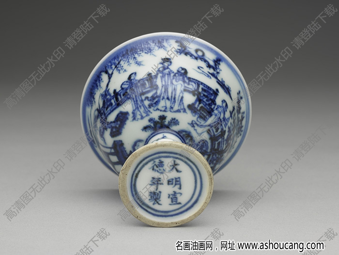 明宣德 窯青花〈海棠〉詩(shī)意圖凸節(jié)高足杯 高清大圖下載