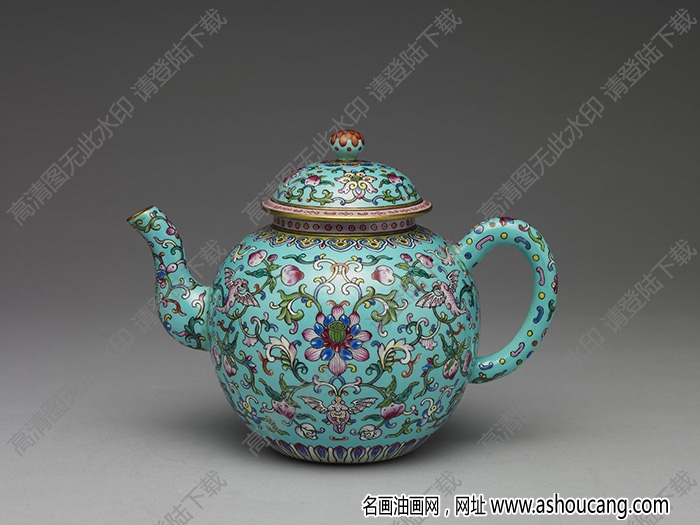 清乾隆 粉彩連年福壽紋藍(lán)地茶壺 高清大圖下載
