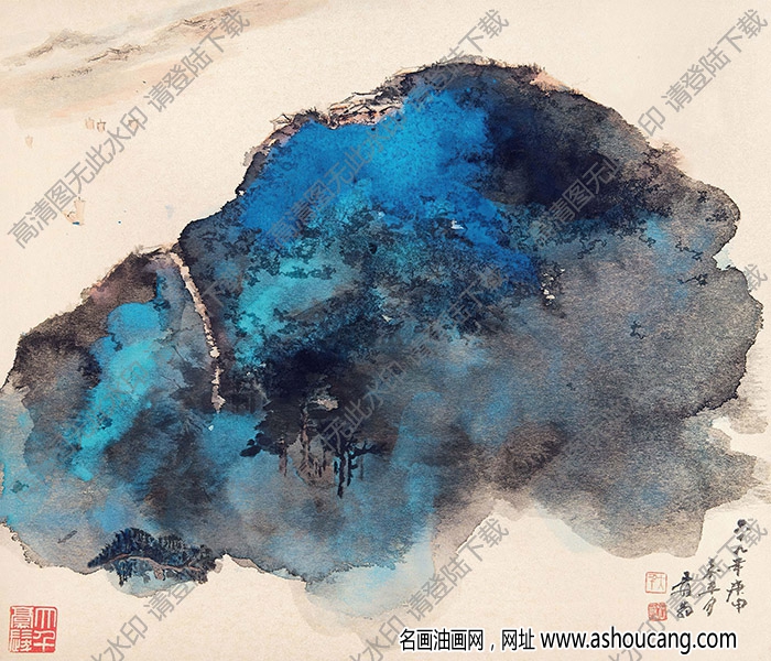 張大千國畫作品_潑彩山水_六十九年庚申嘉平月_高清下載