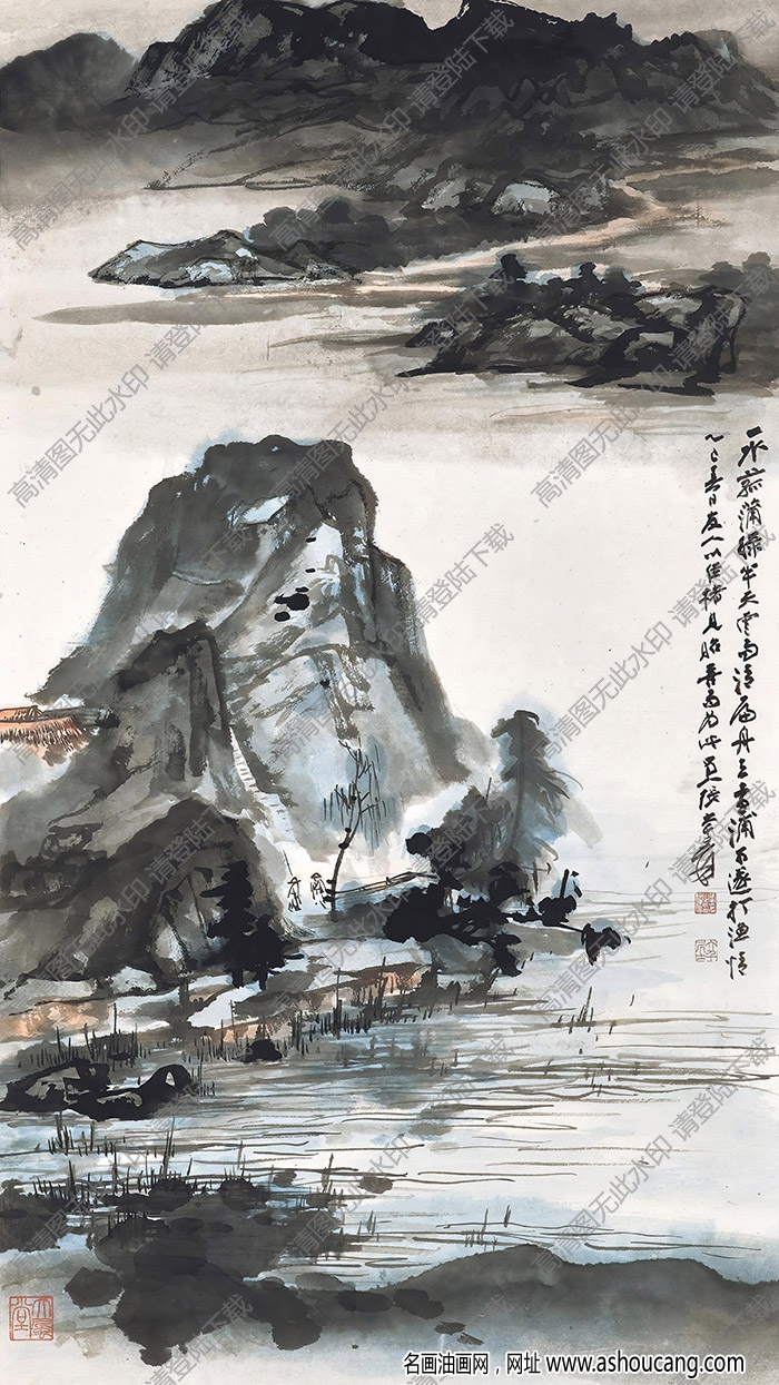 張大千作品_山水_一水菰蒲綠_半天云雨清_高清大圖下載