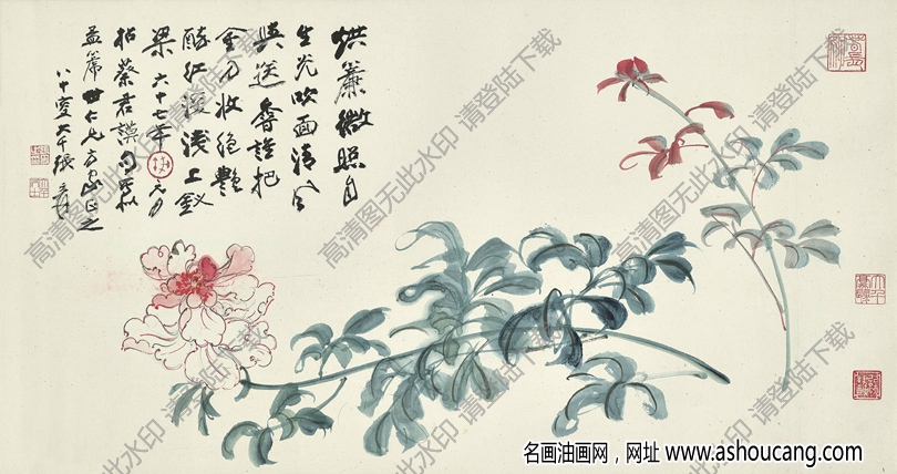 張大千作品_芍藥圖_烘簾微照自生光_吹面輕風_高清下載
